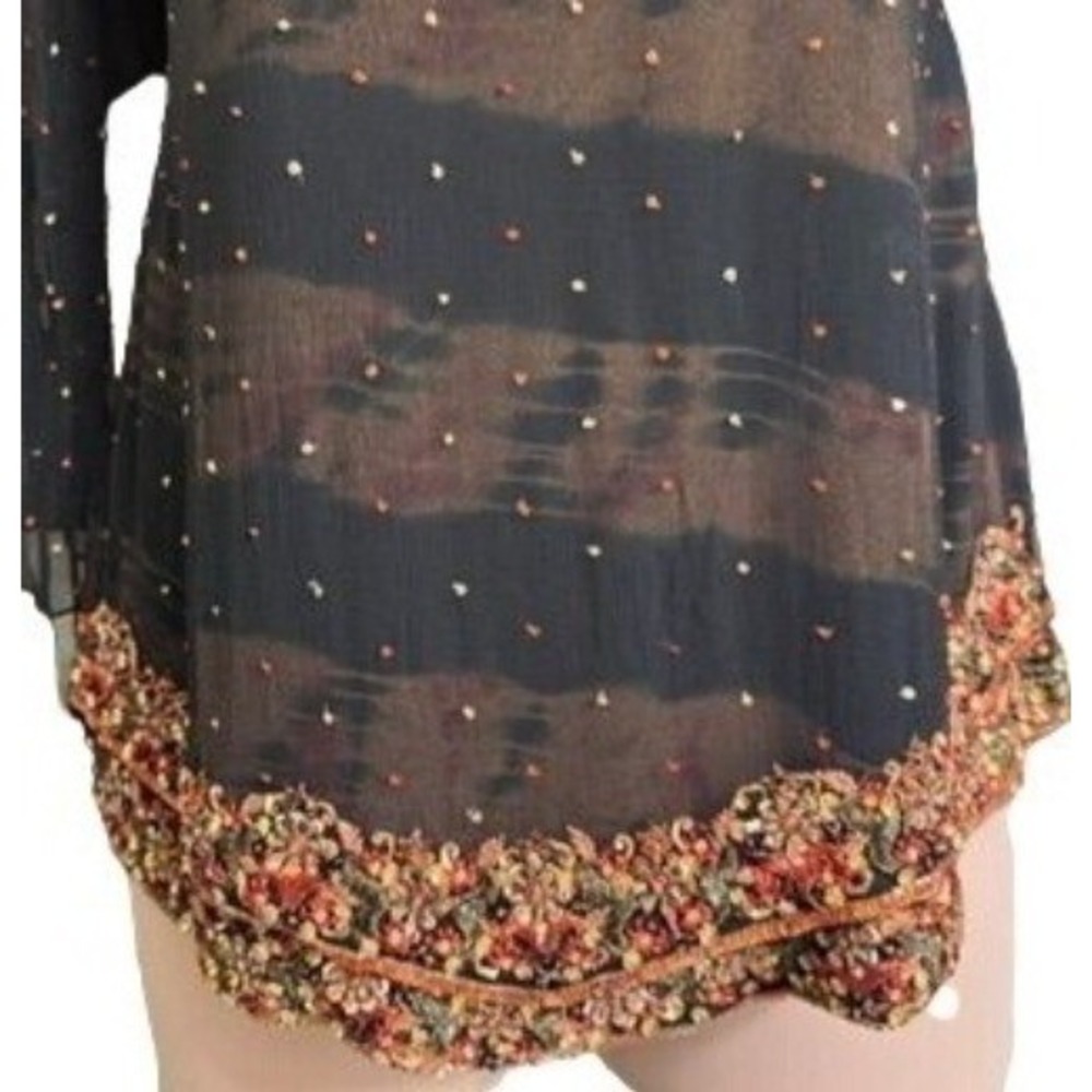 Vtg Beaded Sequined Sheer‎ Tunic Top XL Black Split Tie Sleeves Dark Whimsygoth - Picture 8 of 15